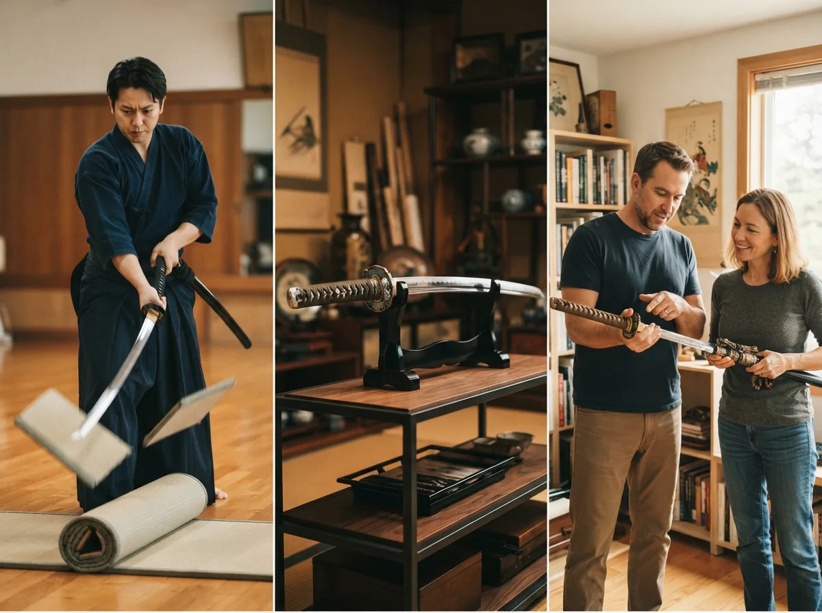 A diverse group of enthusiasts with various Honshu katanas, representing different use cases like practice, display, and collection.