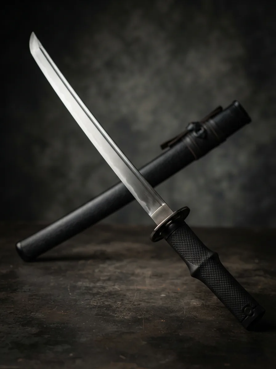The full Honshu Boshin wakizashi sword displayed with its blade unsheathed next to its leather-wrapped wooden scabbard.