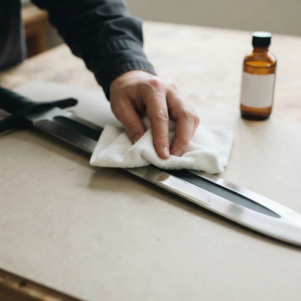 Applying protective oil to the broadsword blade with a cloth