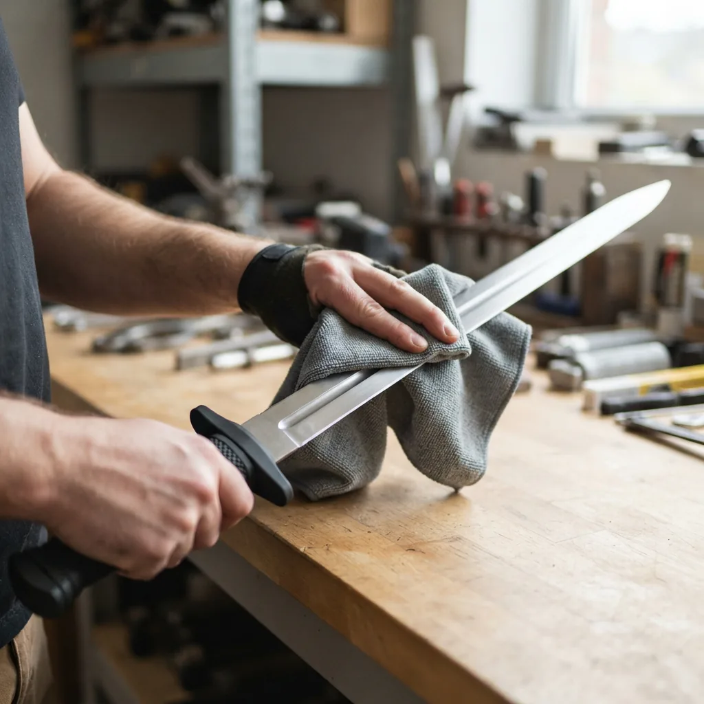 A person's hands using a soft cloth to wipe down the blade of the Honshu Tactical Broadsword.