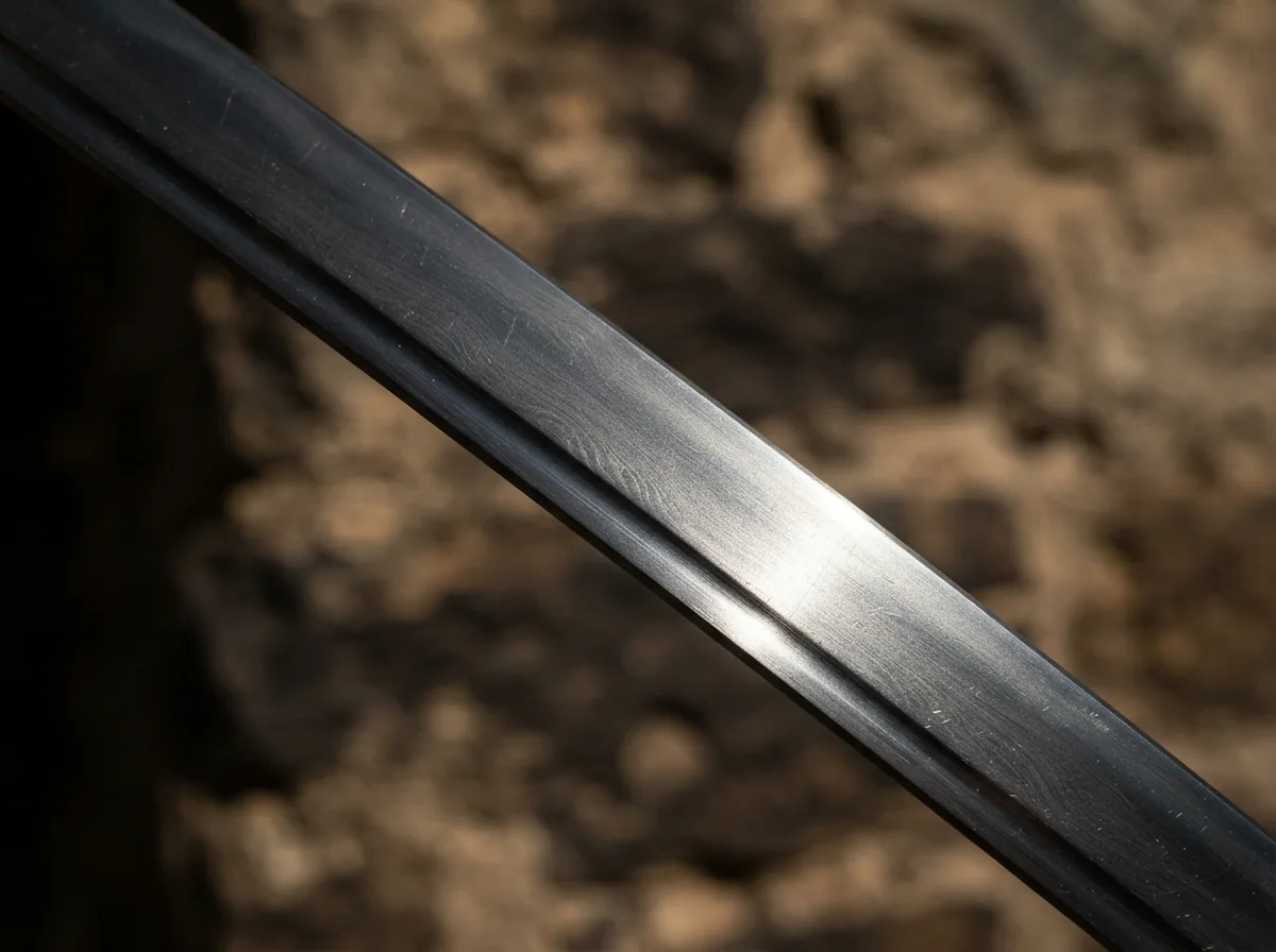 A close-up of a Honshu sword blade, showcasing the sharp edge and high-carbon steel grain against a blurred, historic-looking background.