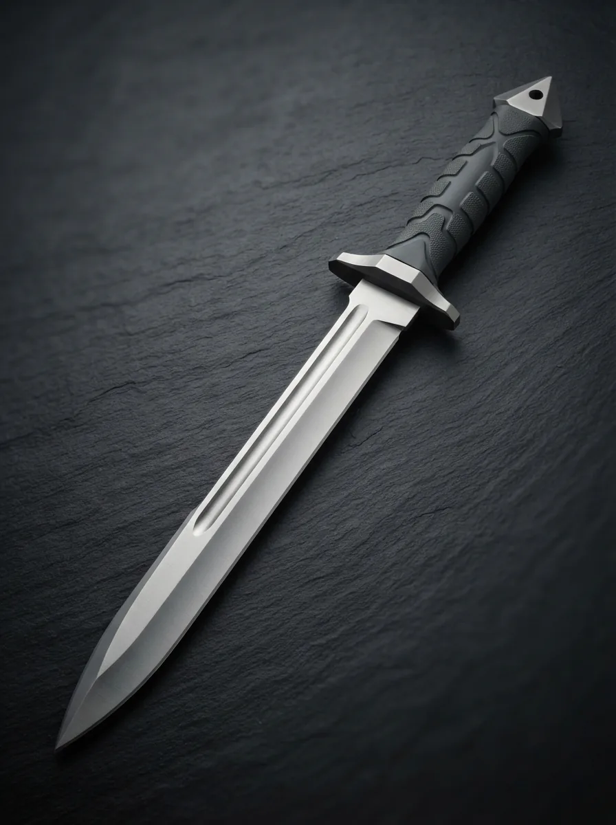 The Honshu Tactical Broadsword presented diagonally against a dark slate background, showcasing its full form from pommel to tip.