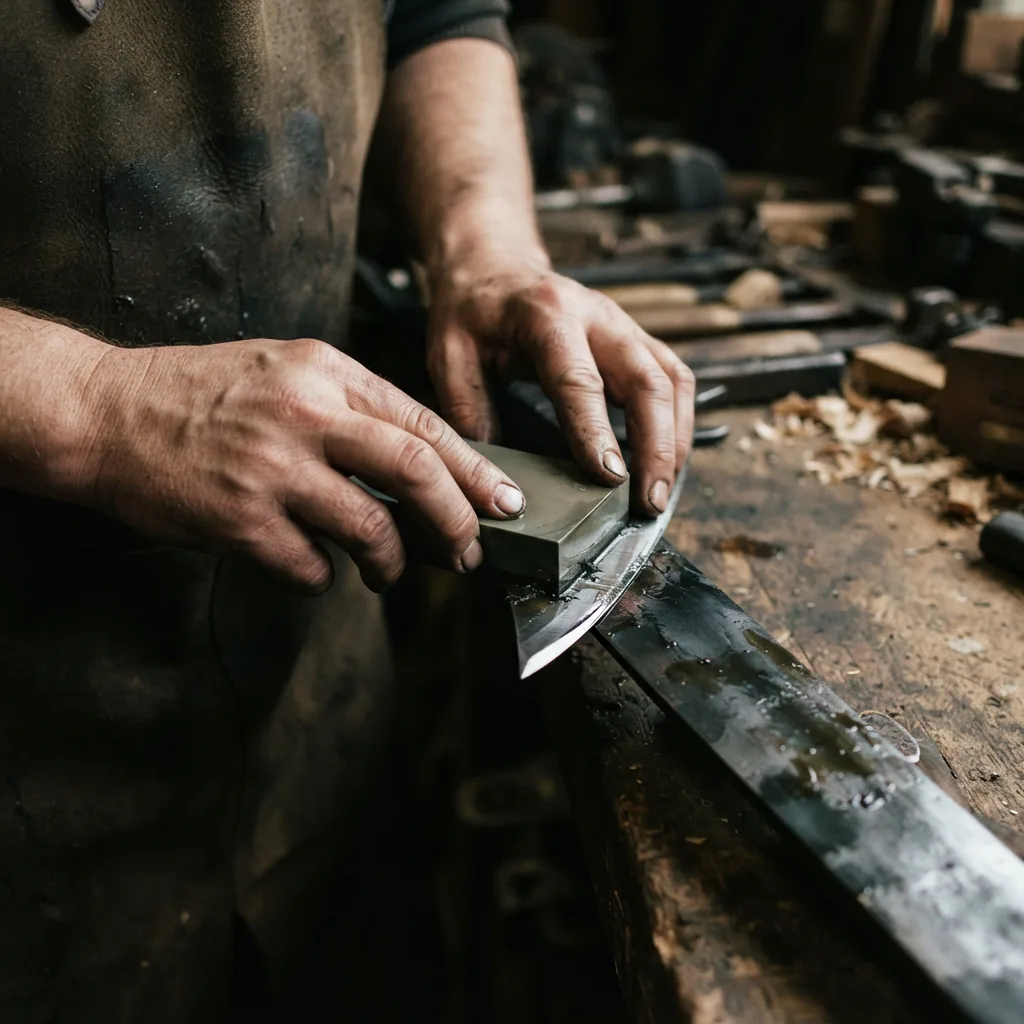 Close-up of a whetstone being used to hone the edge of a high carbon steel blade.