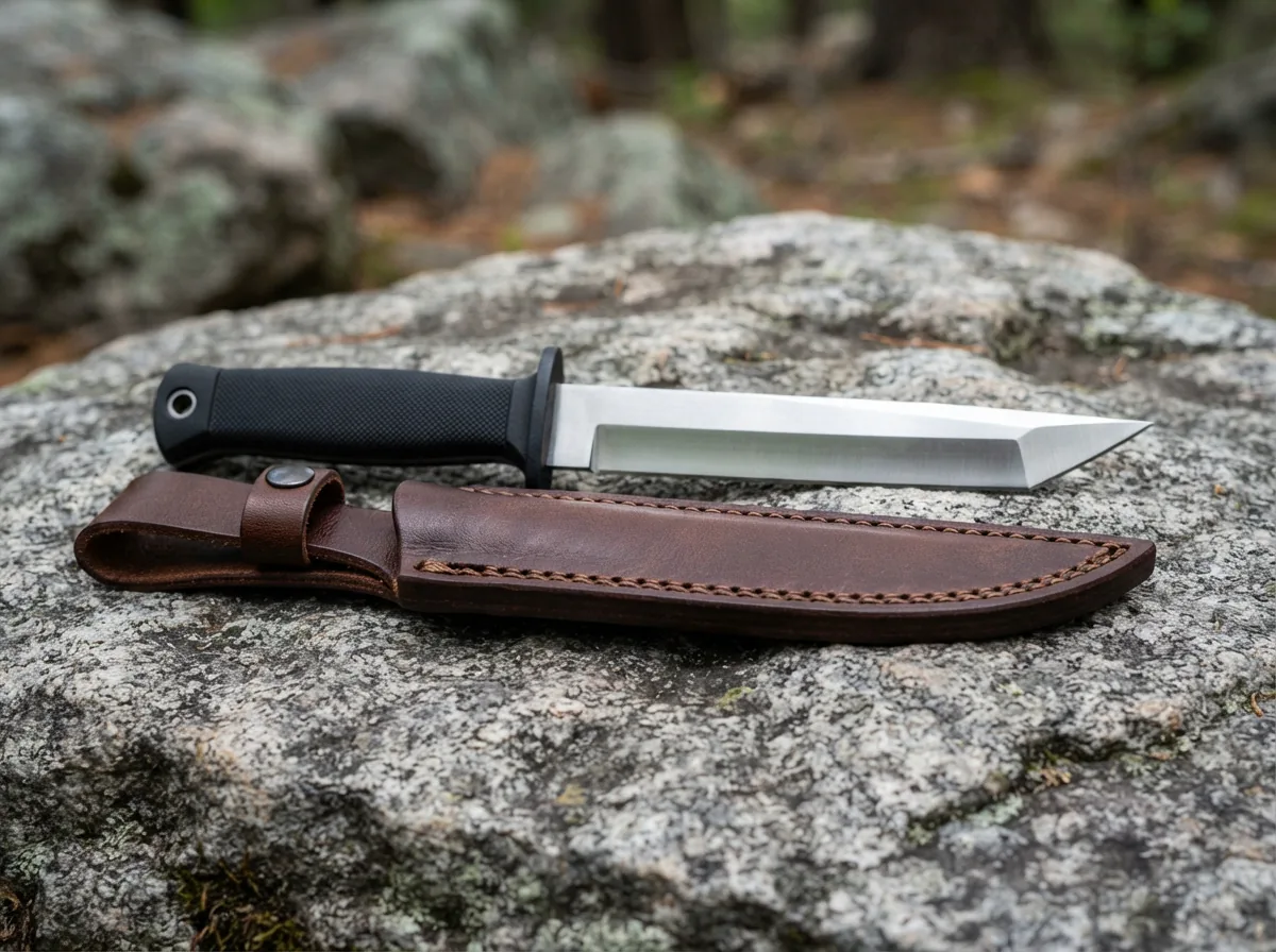 The Honshu Tanto Knife fully displayed next to its brown leather sheath on a rock.