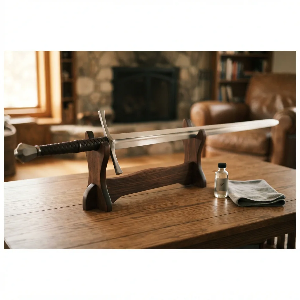 The Honshu Claymore resting on a wooden sword stand, with a soft cloth and oil bottle nearby.