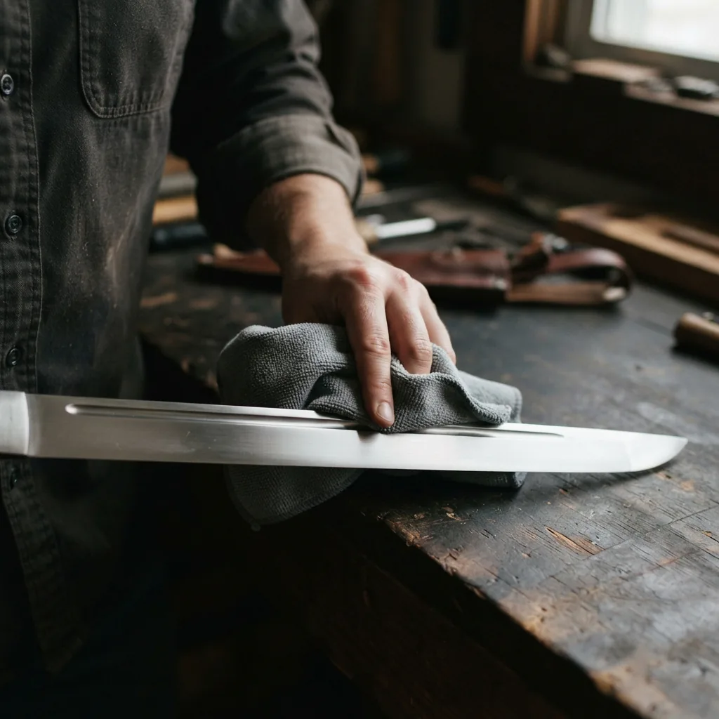 The Honshu Spartan Sword's blade being wiped clean with a soft cloth, emphasizing care.