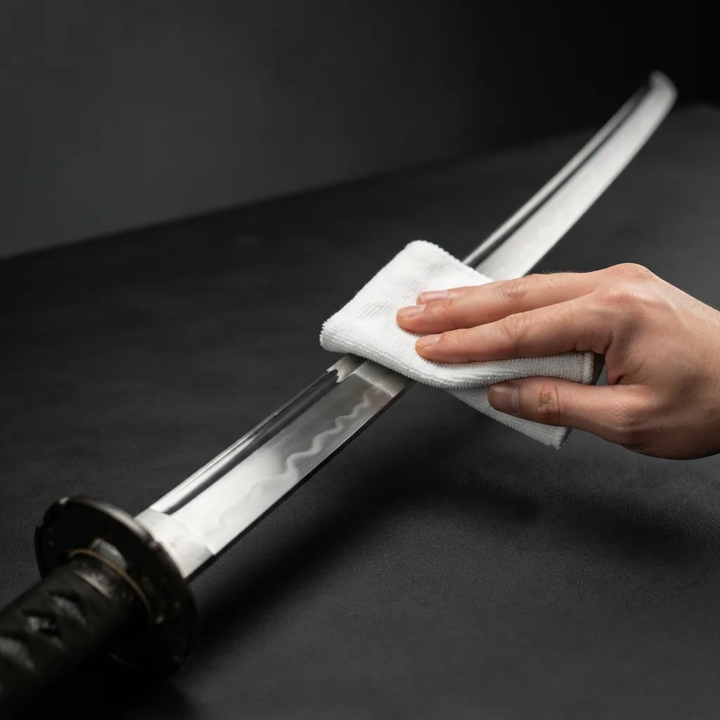 A soft cloth applying a thin, even coat of protective oil to the blade of the Honshu Boshin Katana.