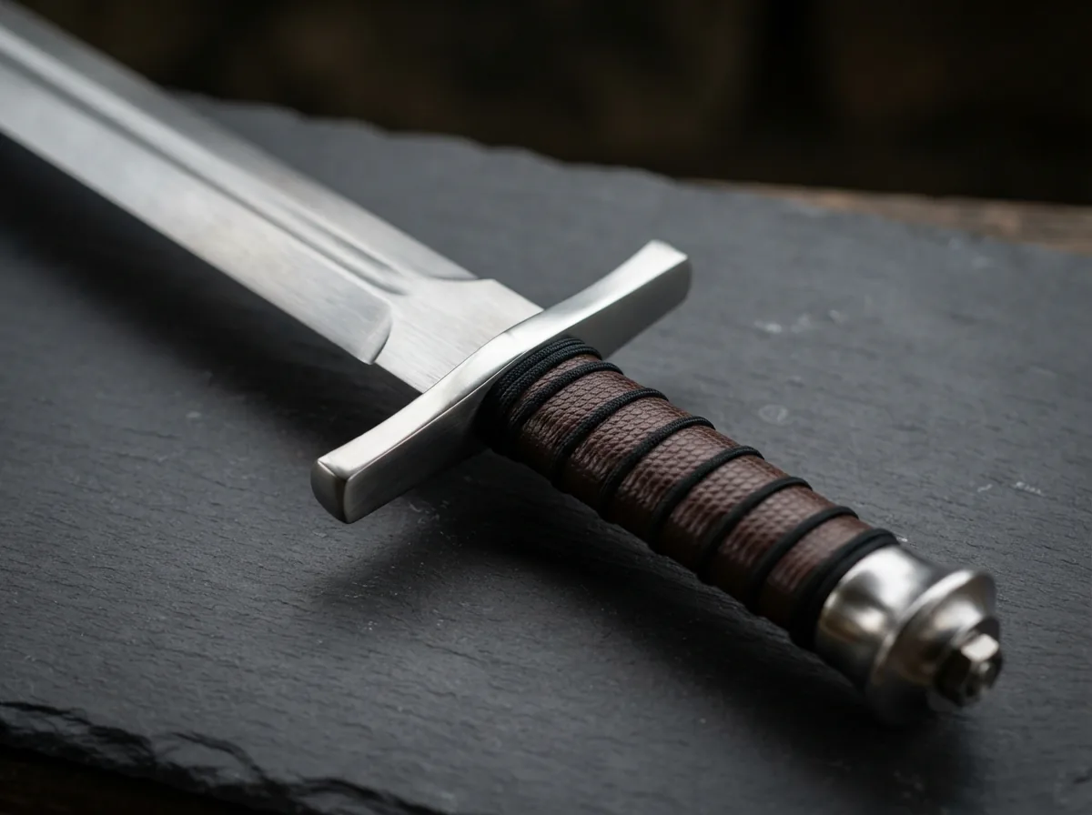 Close-up of the Honshu broadsword's brushed high carbon steel blade and polished handguard, showing the material detail.