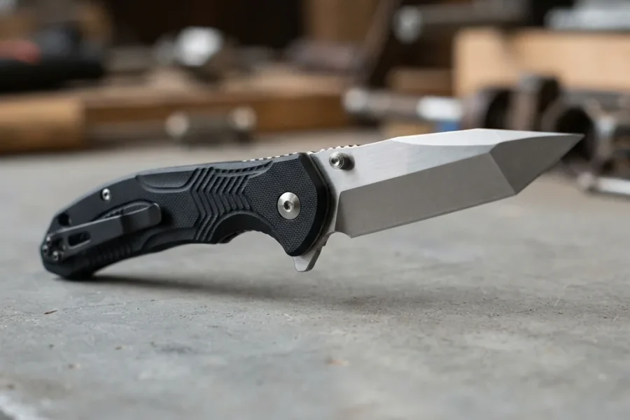 Honshu Sekyuriti Gen II Tanto Pocket Knife shown open on a grey workbench.