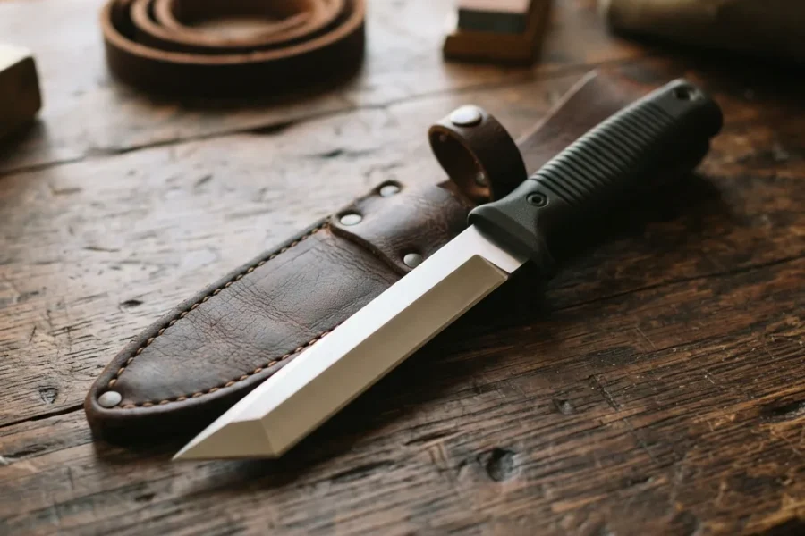 The Honshu Tanto Knife partially inserted into its brown leather sheath on a dark wooden table.