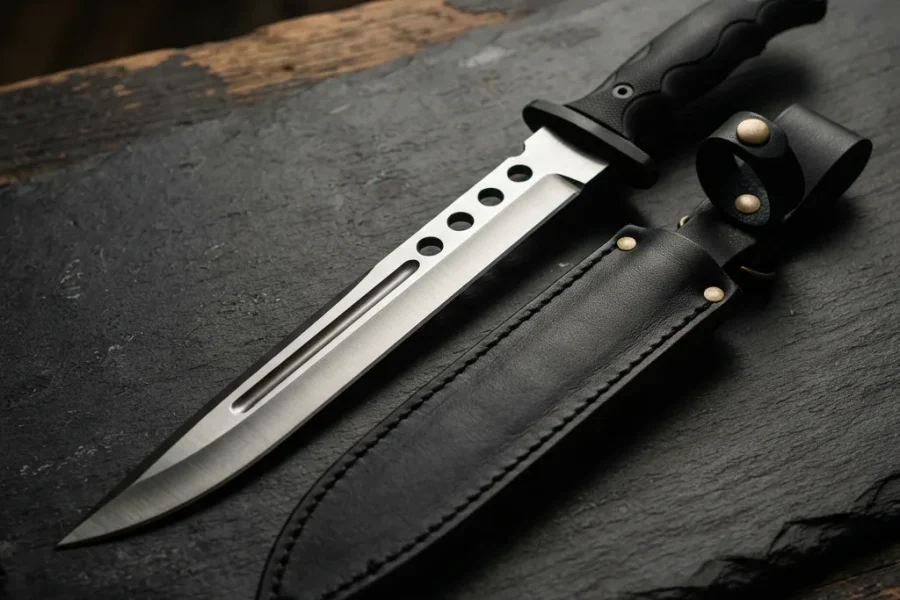 The Honshu Spartan Sword, a tactical reinterpretation with a curved blade and modern handle, shown with its leather sheath.