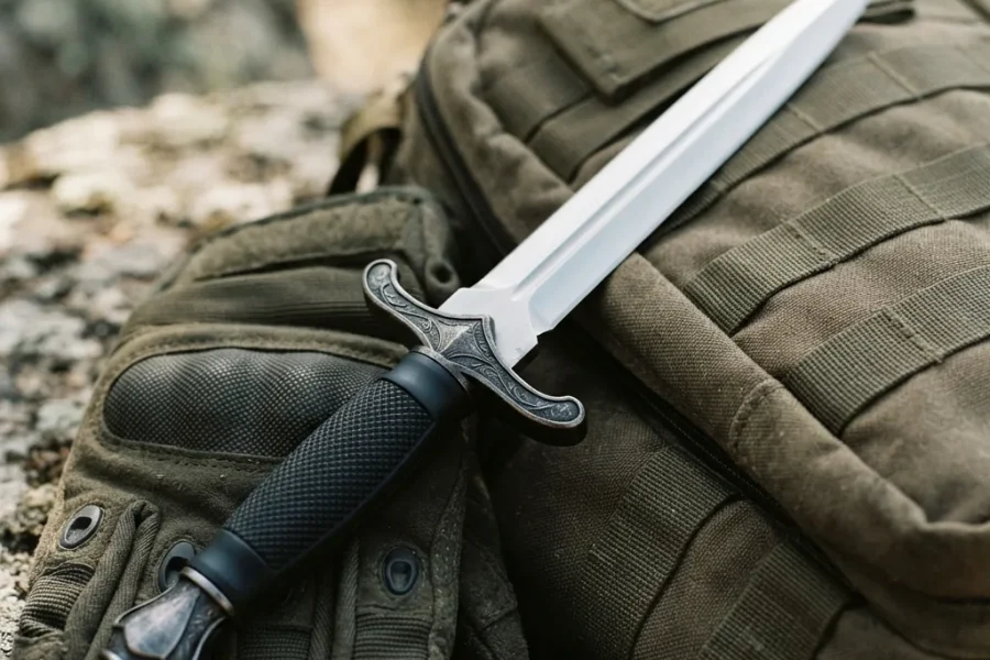 Honshu Crusier Quillon dagger with satin blade and black handle resting on tactical gear.