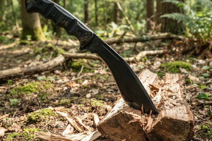 The Honshu Tactical Kukri Knife stuck into a split log on the ground in a forest setting.