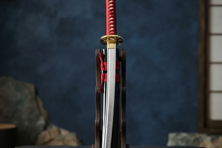 Honshu Crimson Sun Katana with its 1075 blade and striking crimson cord-wrapped handle with brass fittings.