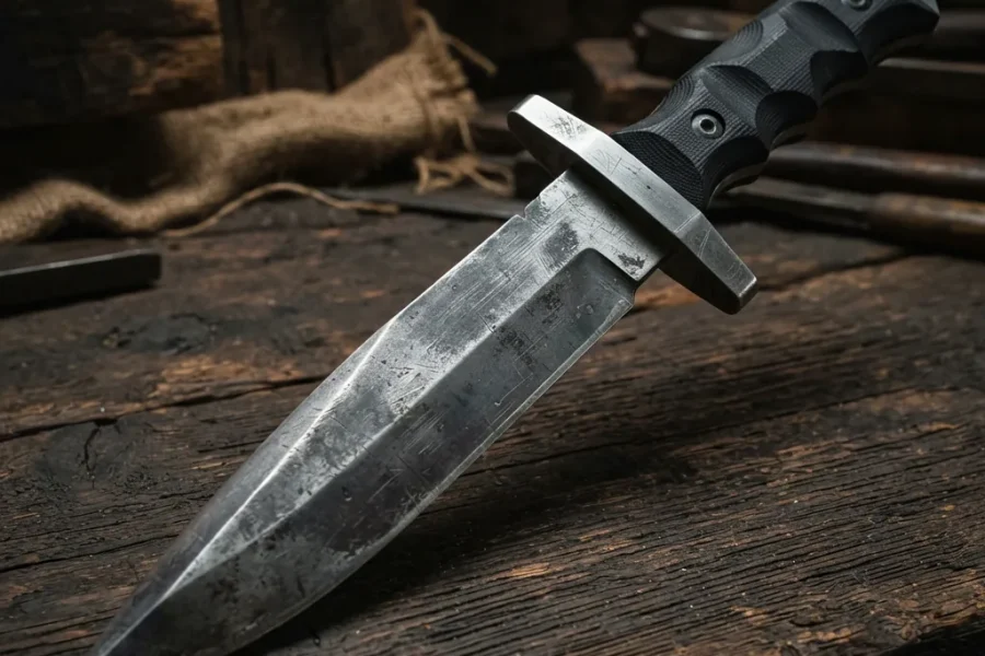 Honshu Frontier Bowie Dagger with a broad, patina-finished clip-point blade and G10 pommel.