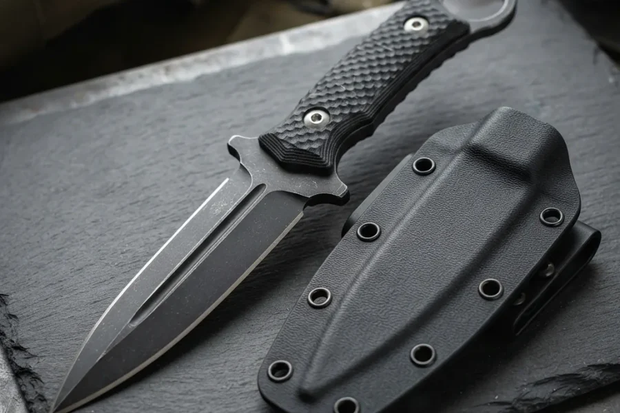Honshu Tactical Oboro dagger with a black-coated blade and textured G10 handle, shown with its sheath.