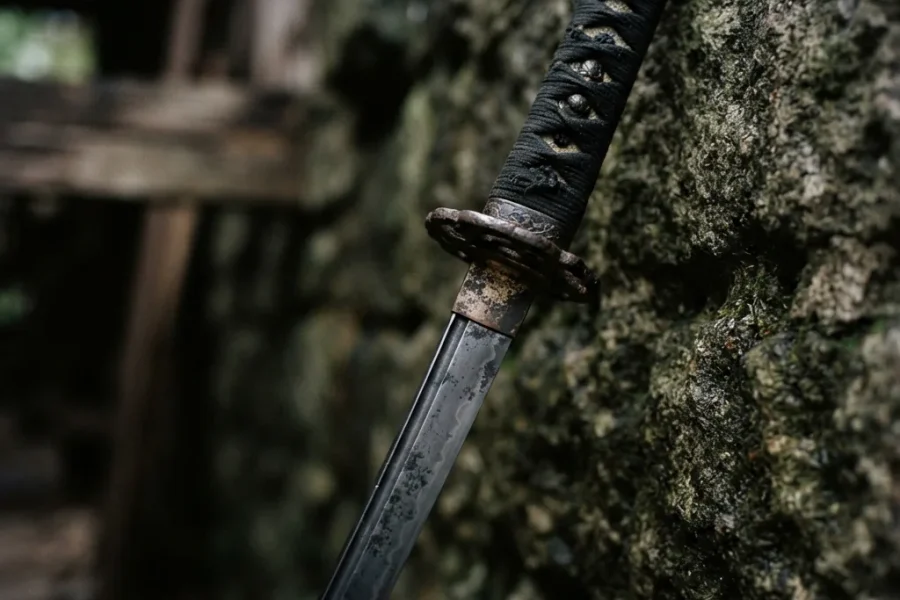 Honshu Wandering Ronin Katana with its 1060 carbon blade and aged iron fittings on a rustic background.