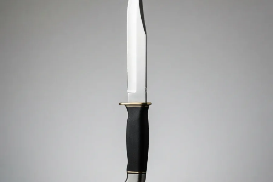 Honshu Arkansas Toothpick Knife displayed upright on a wooden display stand.