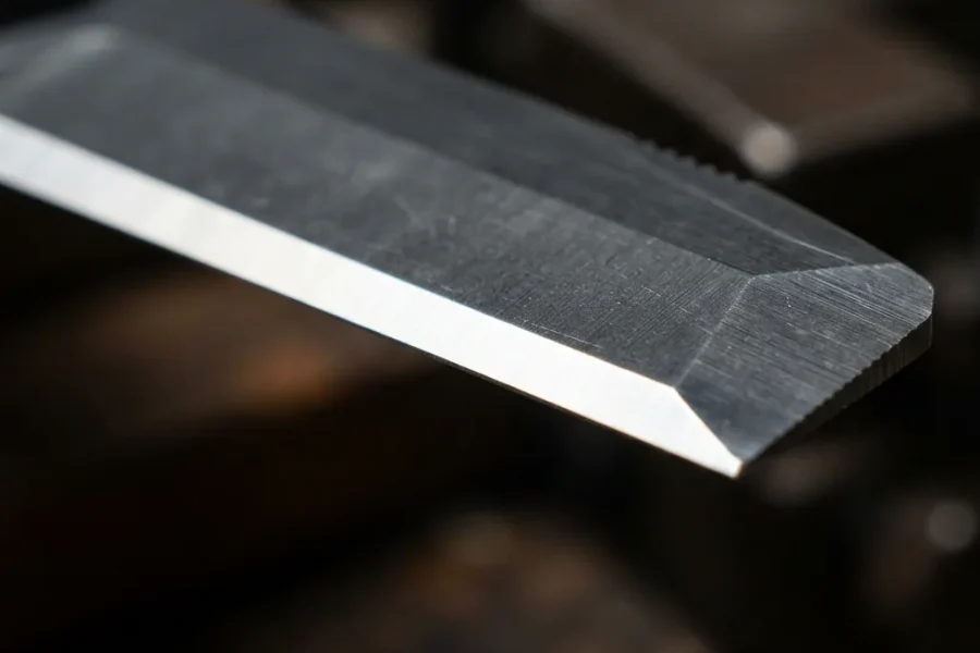 The blade edge of the Honshu D2 Tanto Knife in a close-up, macro shot.