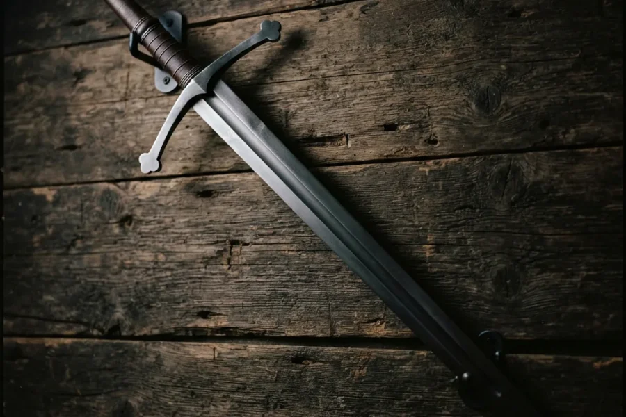 The Honshu Historic Forge Claymore Sword, a large two-handed sword with a distinctive angled crossguard.