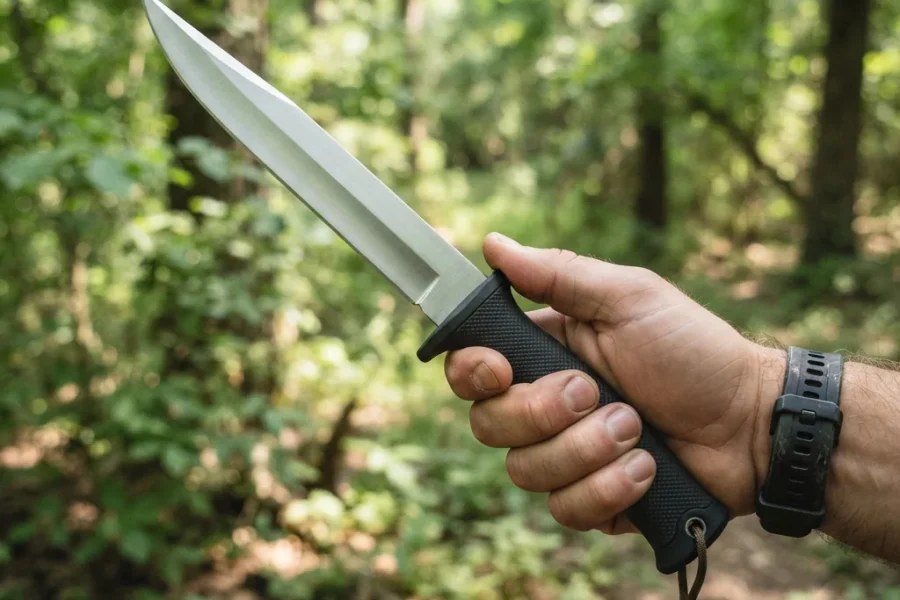 The Honshu Arkansas Toothpick held in a hand against a blurred outdoor background.