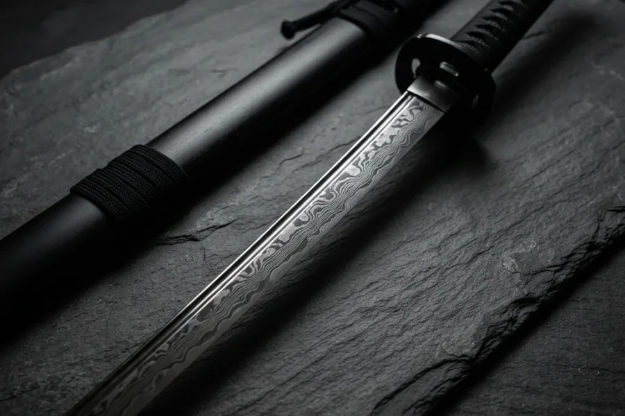 Honshu Boshin Damascus Katana with its patterned blade and black TPR handle displayed with its scabbard.