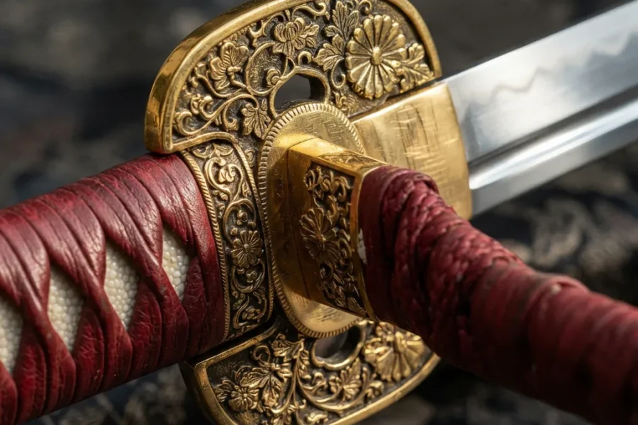 Honshu Imperial Guard Katana featuring an ornate gold tsuba and crimson leather handle.