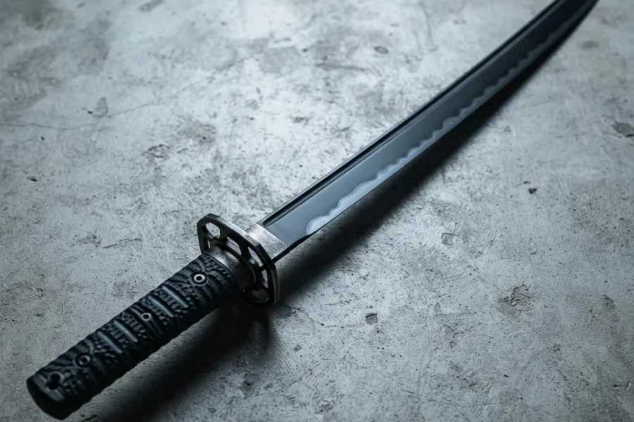 Honshu Shadow Walker Katana with its blackened blade and textured black G10 handle.