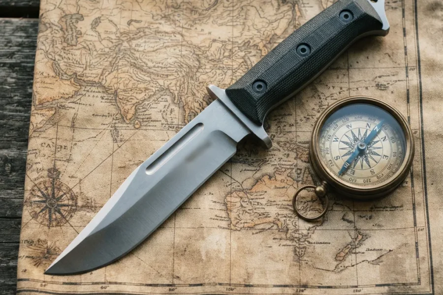 The Honshu Ranger Bowie Knife laid on a piece of canvas next to a compass and map.